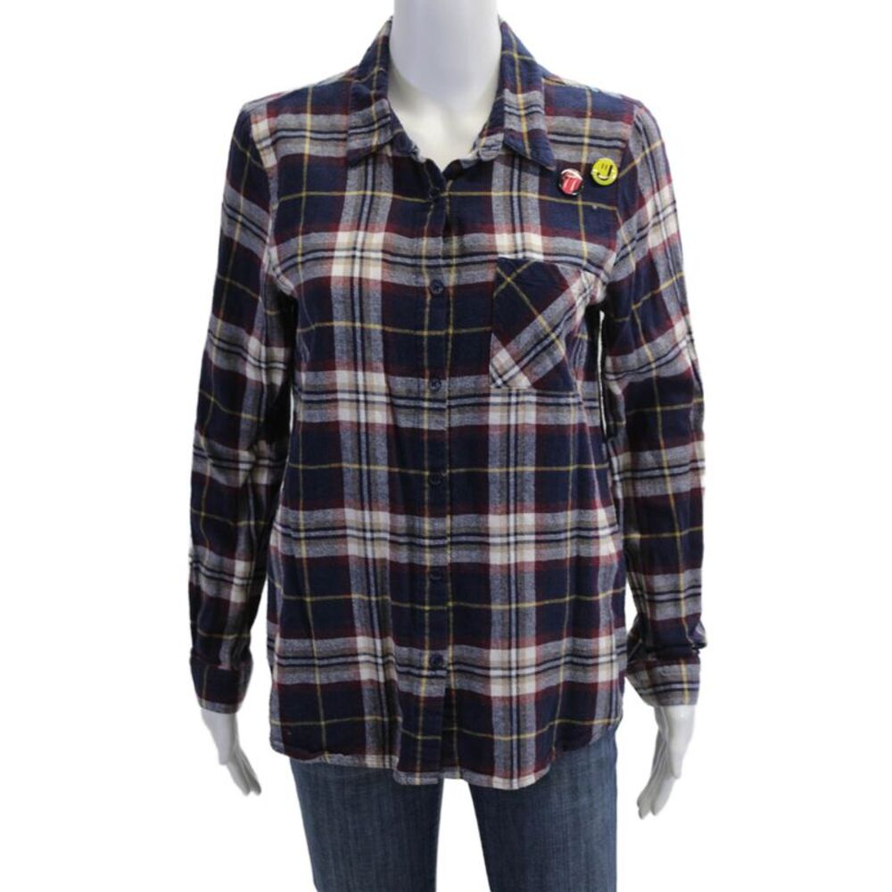 Sojara Women Collared Plaid Button-Up Dark Blue Long Sleeve Size S
